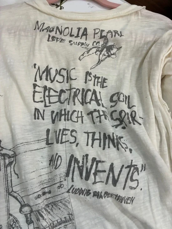 Magnolia Pearl. Rare. Beethoven Graphic Henley Tee - Cream with Gray Print - Picture 5 of 6